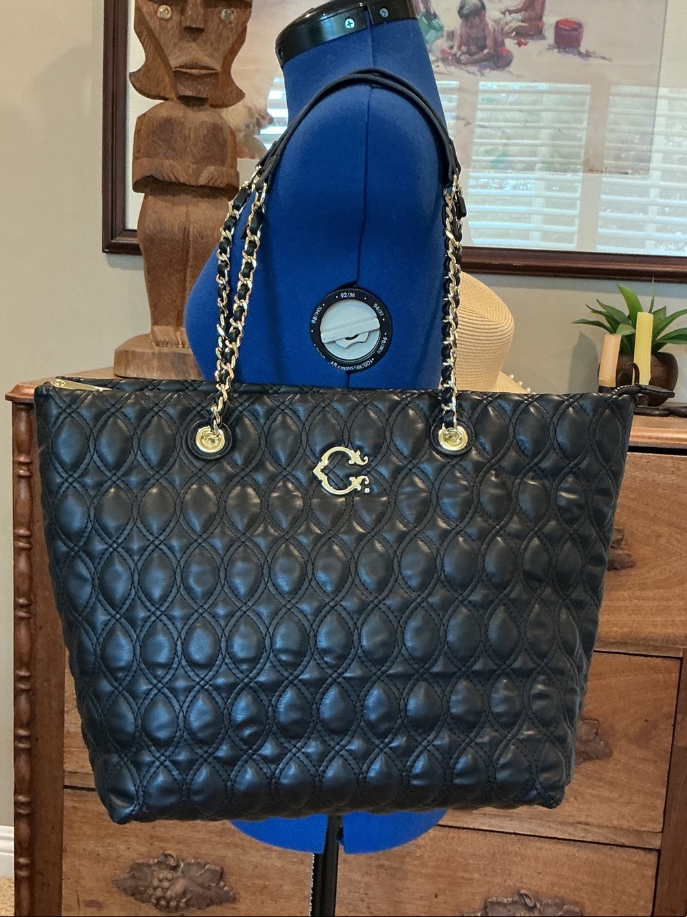 C. Wonder Black Quilted Tote with Gold Chain Straps